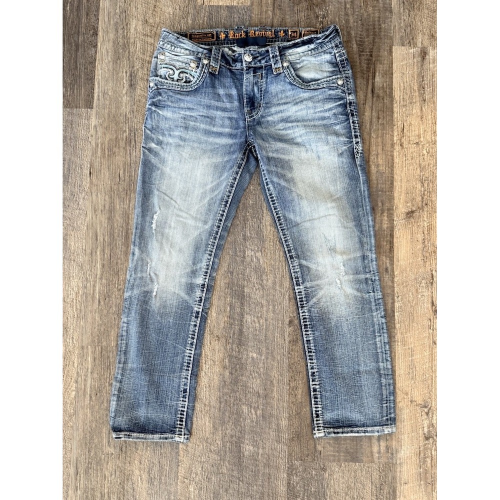 Rock Revival Jeans Men's 34 Distressed Faded Baldwen Slim Straight Blue Denim